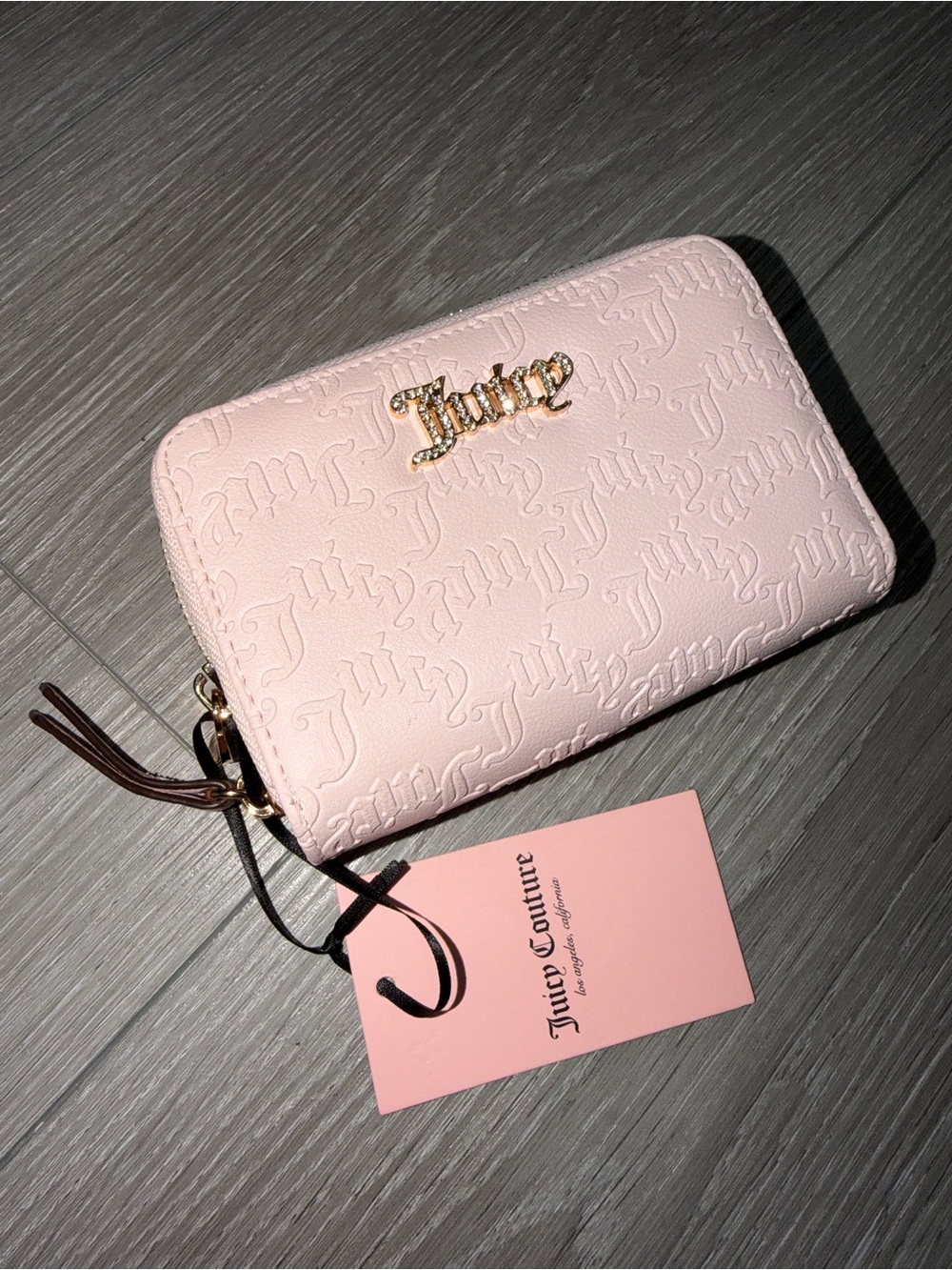 Juicy Couture Light Pink Embossed Zip Wallet with Gold Logo